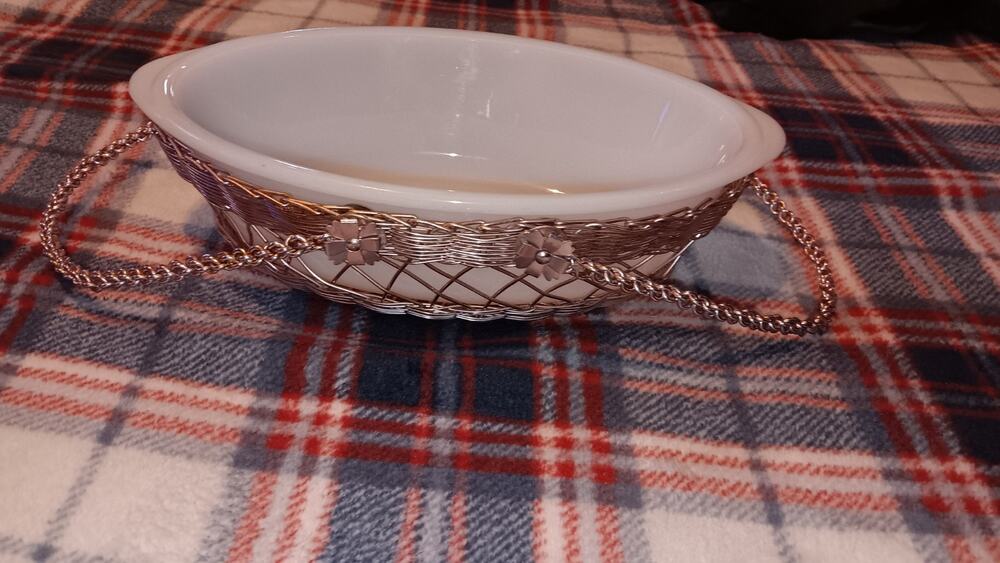 Glasbake White Milk Glass 10" Oval Baking Dish & Rose Gold Metal Carry Basket